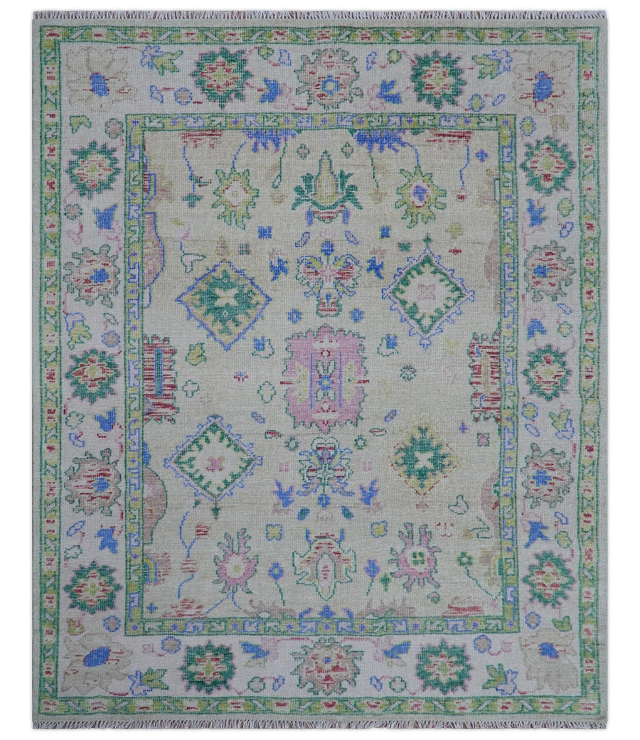 Quick Ship 8x10 Modern Oushak Design Beige And Blue Hand Knotted Rug - The Rug Decor