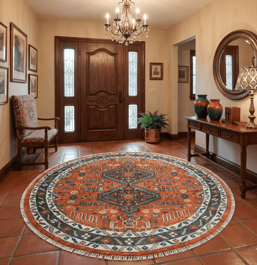 Quick Ship 8x8 Round Rust and Brown Traditional Oriental Hand Knotted Area Rug - The Rug Decor
