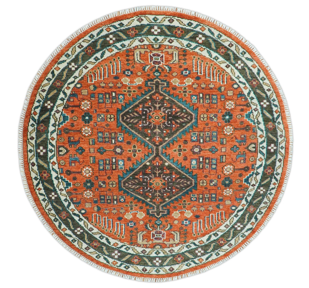Quick Ship 8x8 Round Rust and Brown Traditional Oriental Hand Knotted Area Rug - The Rug Decor