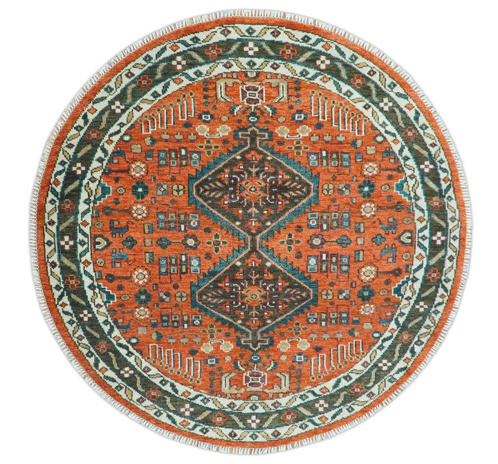 Quick Ship 8x8 Round Rust and Brown Traditional Oriental Hand Knotted Area Rug - The Rug Decor