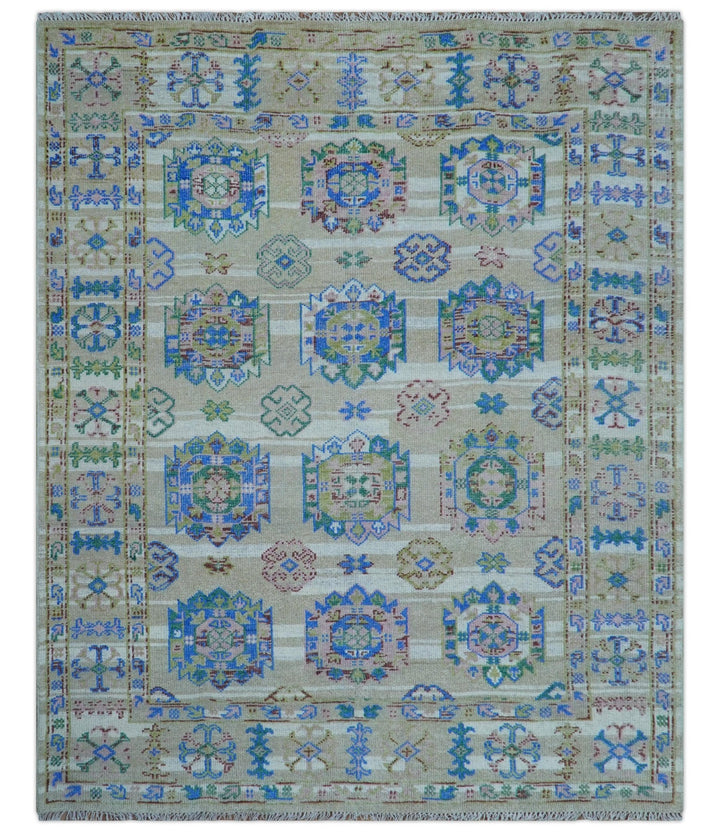 Quick Ship Beige And Blue Transitional Hand Knotted 8x10 Wool Rug - The Rug Decor