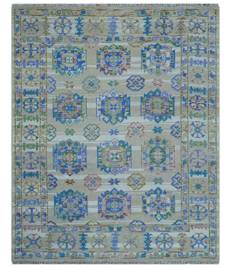 Quick Ship Beige And Blue Transitional Hand Knotted 8x10 Wool Rug - The Rug Decor