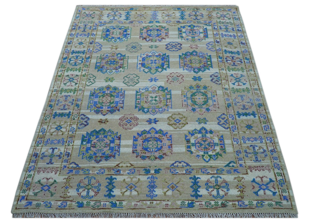 Quick Ship Beige And Blue Transitional Hand Knotted 8x10 Wool Rug - The Rug Decor