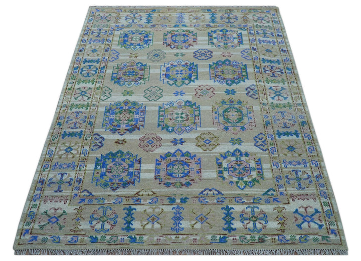 Quick Ship Beige And Blue Transitional Hand Knotted 8x10 Wool Rug - The Rug Decor