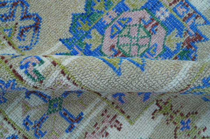 Quick Ship Beige And Blue Transitional Hand Knotted 8x10 Wool Rug - The Rug Decor