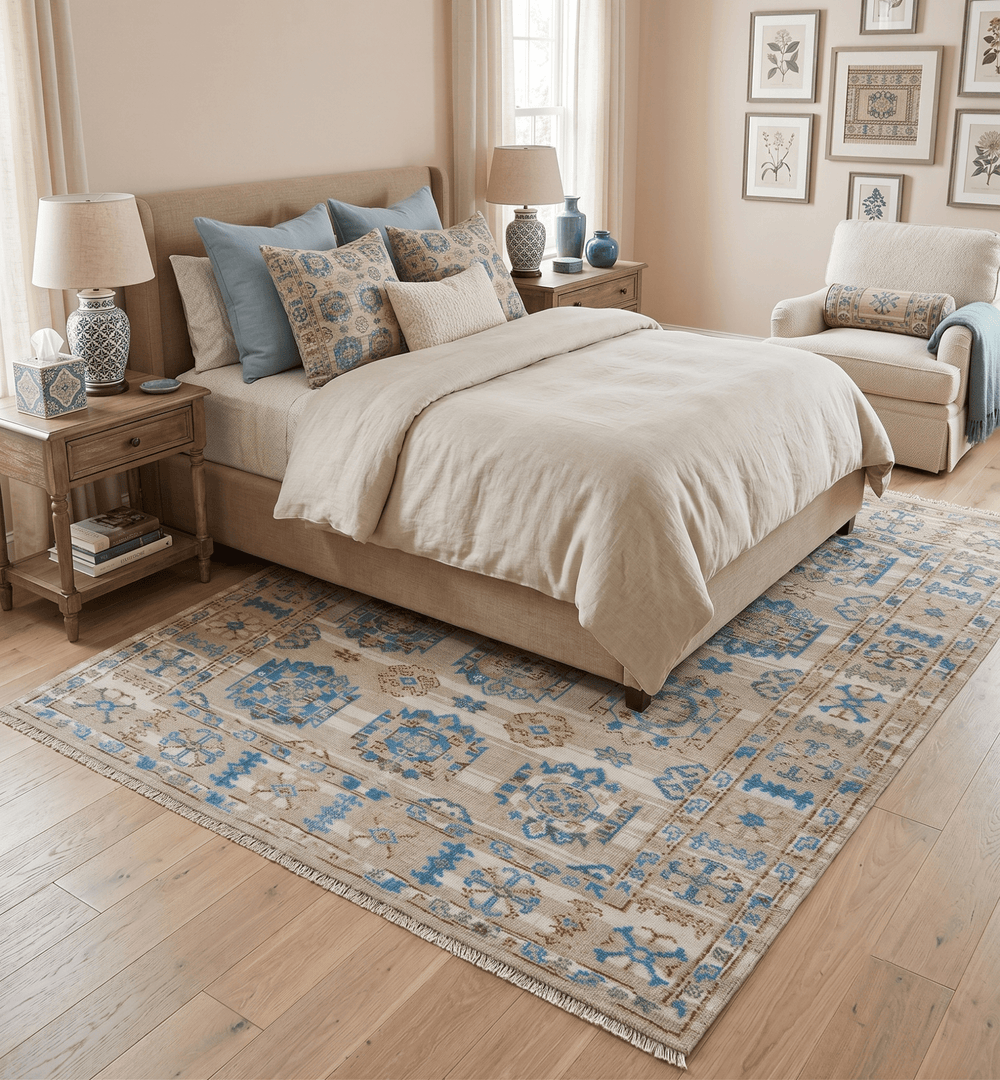 Quick Ship Beige And Blue Transitional Hand Knotted 8x10 Wool Rug - The Rug Decor