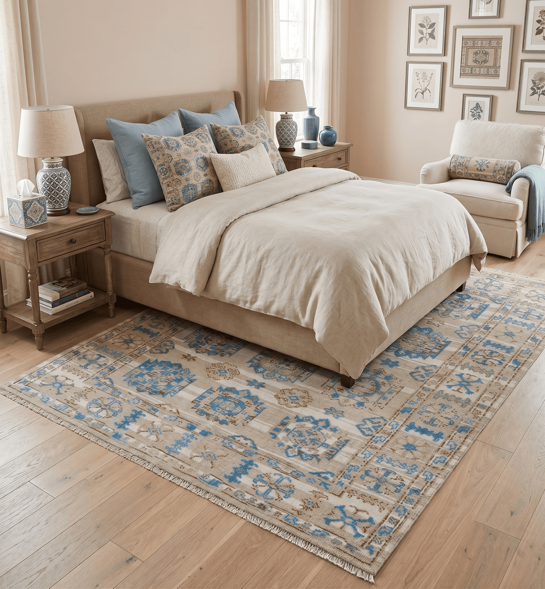 Quick Ship Beige And Blue Transitional Hand Knotted 8x10 Wool Rug - The Rug Decor