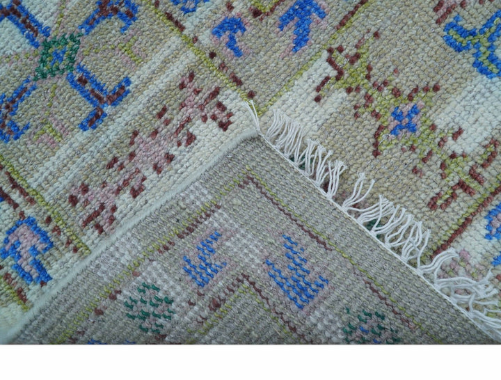 Quick Ship Beige And Blue Transitional Hand Knotted 8x10 Wool Rug - The Rug Decor
