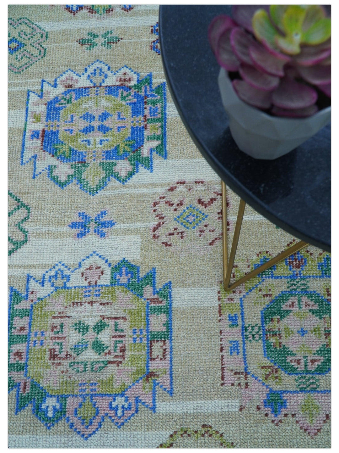 Quick Ship Beige And Blue Transitional Hand Knotted 8x10 Wool Rug - The Rug Decor