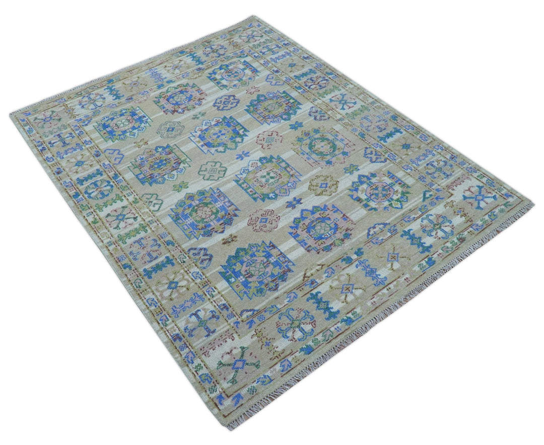 Quick Ship Beige And Blue Transitional Hand Knotted 8x10 Wool Rug - The Rug Decor