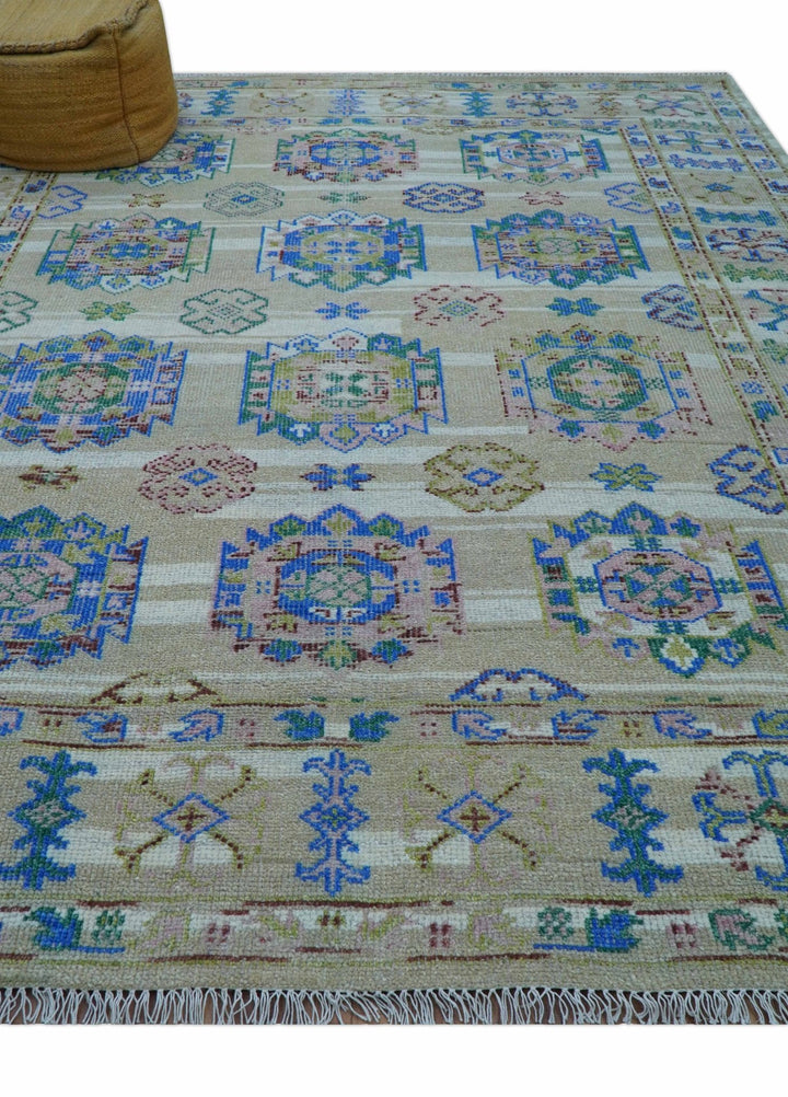 Quick Ship Beige And Blue Transitional Hand Knotted 8x10 Wool Rug - The Rug Decor
