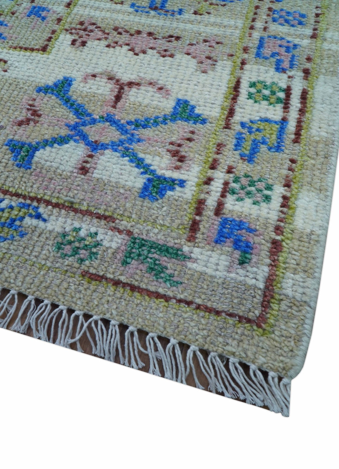 Quick Ship Beige And Blue Transitional Hand Knotted 8x10 Wool Rug - The Rug Decor