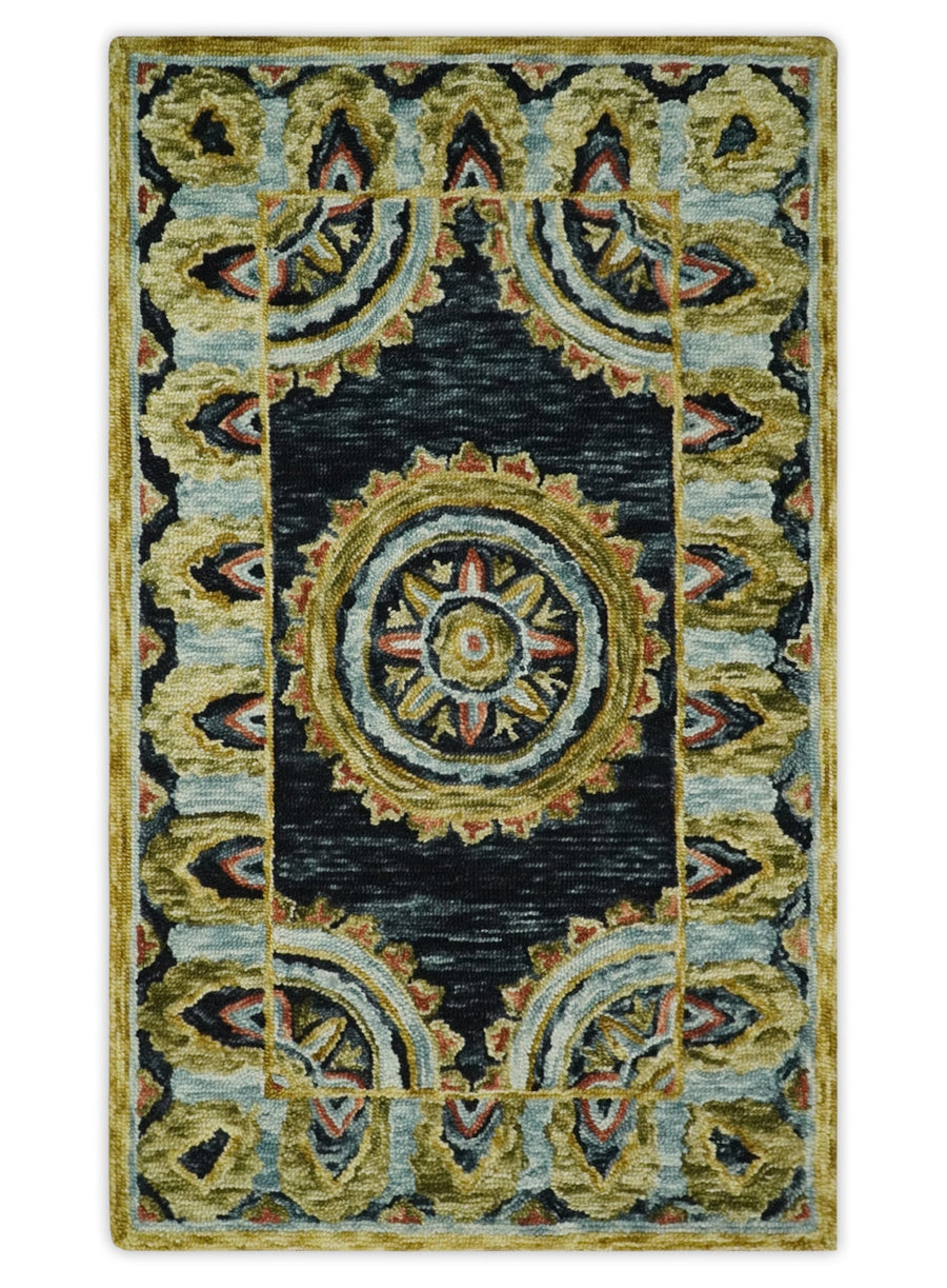 Quick Ship Gold And Black Traditional Design Hand Tufted 3x5 Wool Rug - The Rug Decor