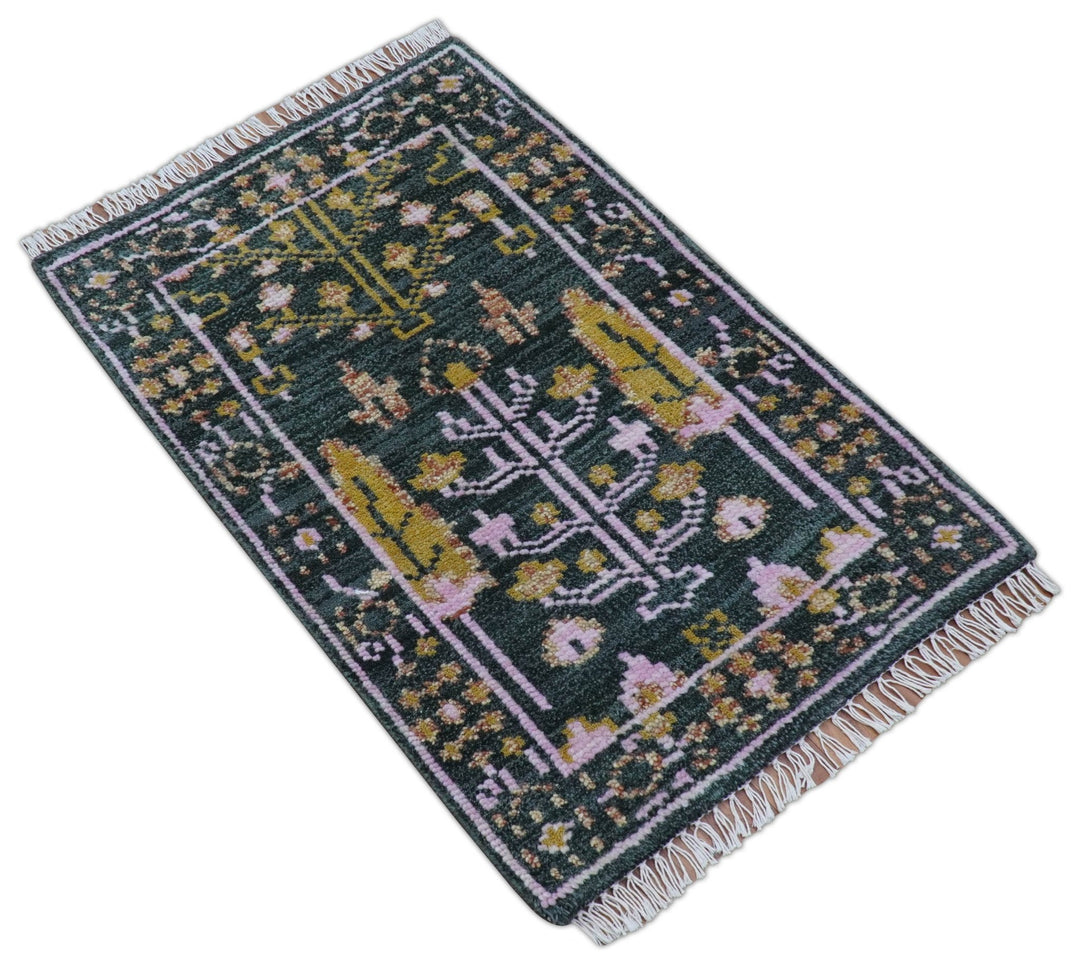 Quick Ship Hand Knotted 2x3 Tree of life Green And Mustard Wool Rug - The Rug Decor