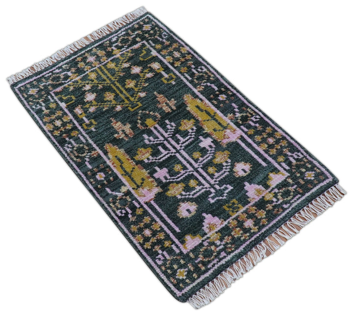 Quick Ship Hand Knotted 2x3 Tree of life Green And Mustard Wool Rug - The Rug Decor