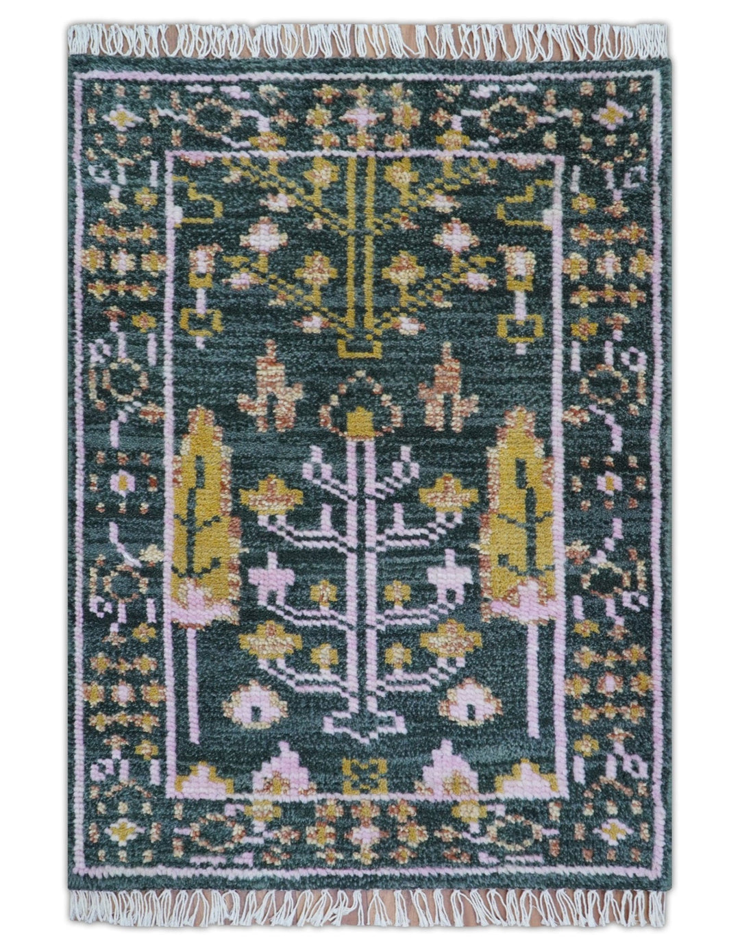 Quick Ship Hand Knotted 2x3 Tree of life Green And Mustard Wool Rug - The Rug Decor