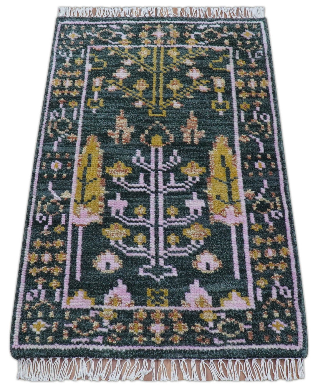 Quick Ship Hand Knotted 2x3 Tree of life Green And Mustard Wool Rug - The Rug Decor
