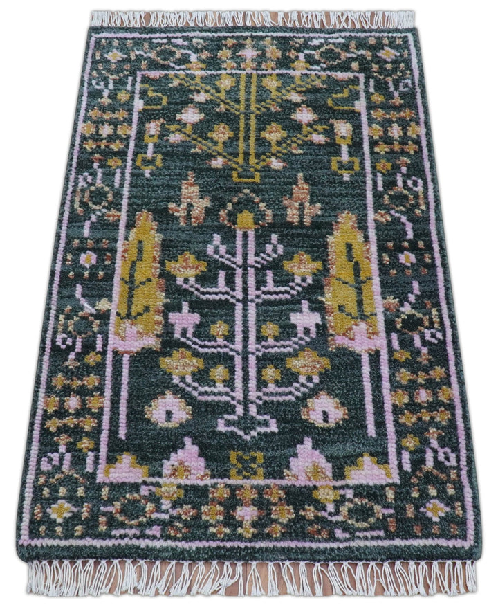 Quick Ship Hand Knotted 2x3 Tree of life Green And Mustard Wool Rug - The Rug Decor