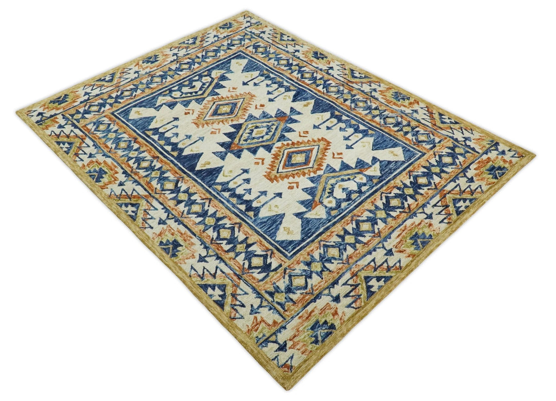 Quick Ship Hand Tufted 8x10 Blue And Beige Southwestern Wool Rug - The Rug Decor