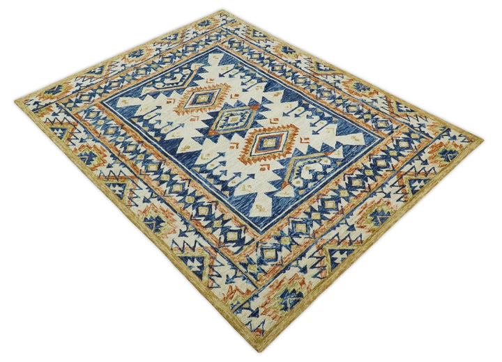 Quick Ship Hand Tufted 8x10 Blue And Beige Southwestern Wool Rug - The Rug Decor