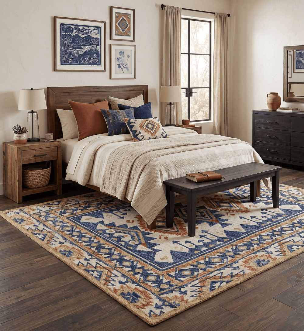 Quick Ship Hand Tufted 8x10 Blue And Beige Southwestern Wool Rug - The Rug Decor
