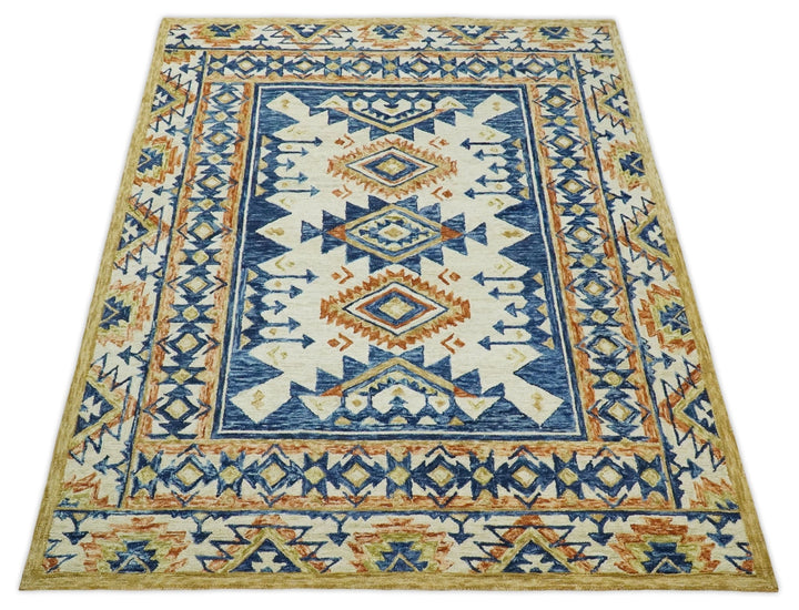 Quick Ship Hand Tufted 8x10 Blue And Beige Southwestern Wool Rug - The Rug Decor