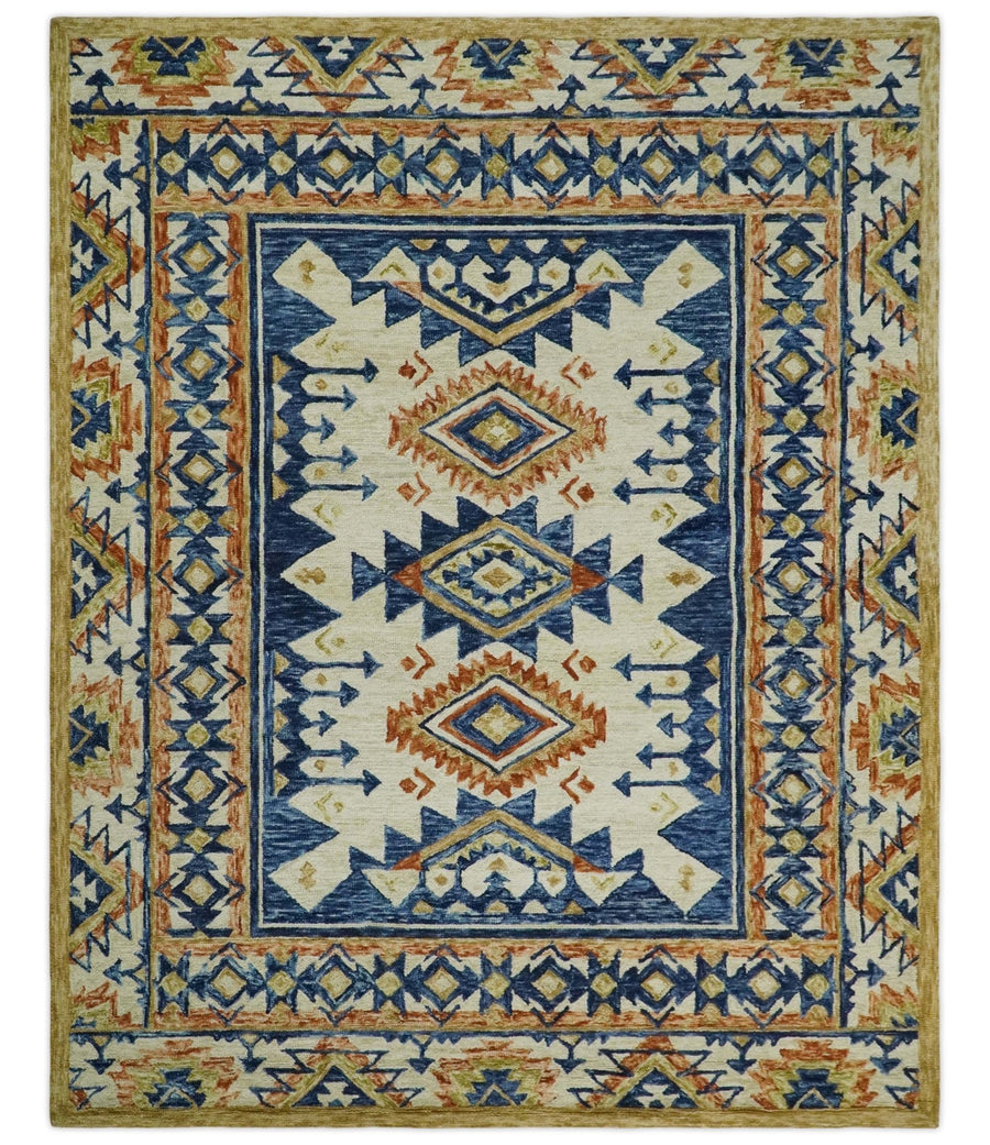 Quick Ship Hand Tufted 8x10 Blue And Beige Southwestern Wool Rug - The Rug Decor