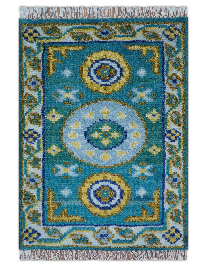 Quick Ship Khotan Design 2x3 Teal And Mustard Hand Knotted Wool Rug - The Rug Decor