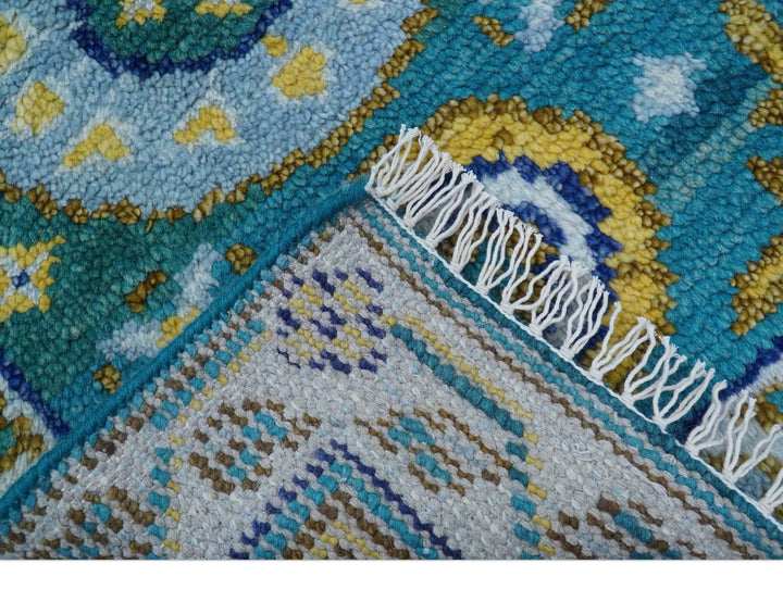 Quick Ship Khotan Design 2x3 Teal And Mustard Hand Knotted Wool Rug - The Rug Decor