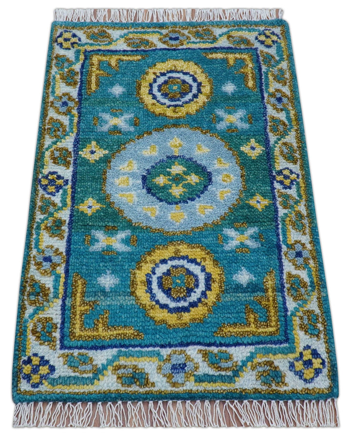 Quick Ship Khotan Design 2x3 Teal And Mustard Hand Knotted Wool Rug - The Rug Decor