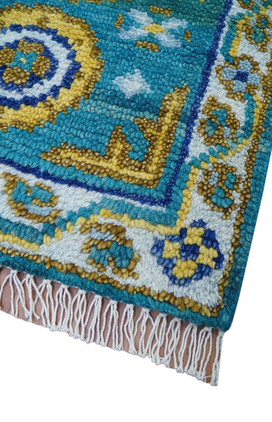 Quick Ship Khotan Design 2x3 Teal And Mustard Hand Knotted Wool Rug - The Rug Decor