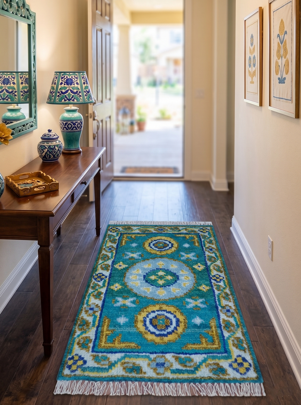 Quick Ship Khotan Design 2x3 Teal And Mustard Hand Knotted Wool Rug - The Rug Decor