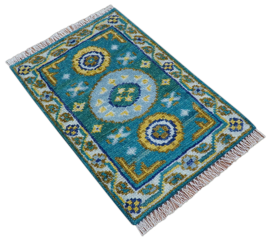 Quick Ship Khotan Design 2x3 Teal And Mustard Hand Knotted Wool Rug - The Rug Decor