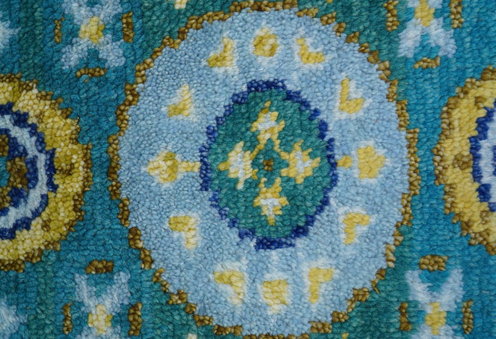 Quick Ship Khotan Design 2x3 Teal And Mustard Hand Knotted Wool Rug - The Rug Decor