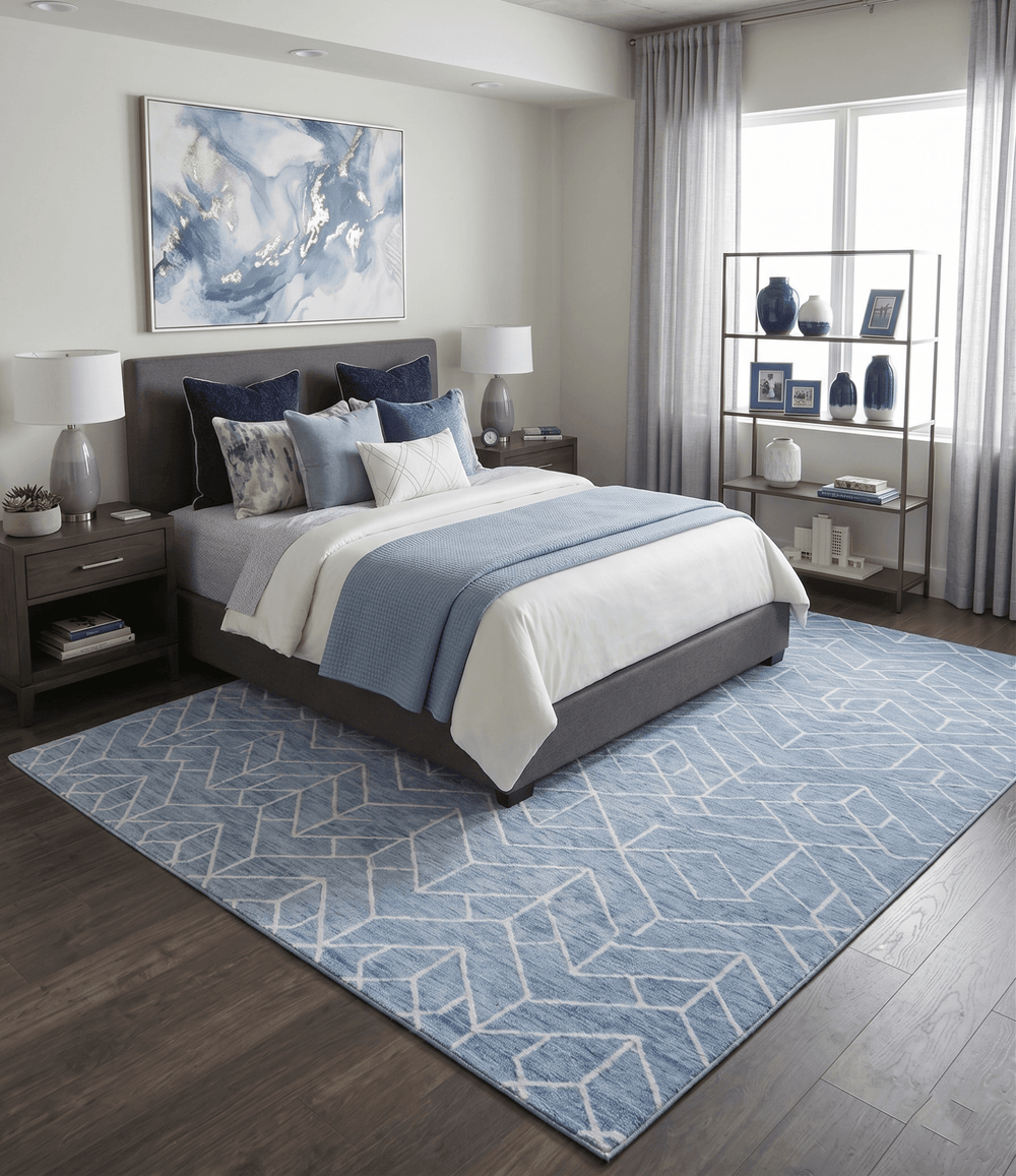 Quick Ship Modern Contemporary Blue And White Hand Tufted 5x8 Wool Rug - The Rug Decor
