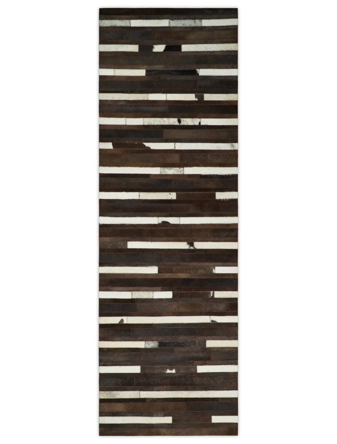 Quick Ship Modern Stripe Pattern Brown And Ivory Handmade 2.6x8 Leather Rug - The Rug Decor