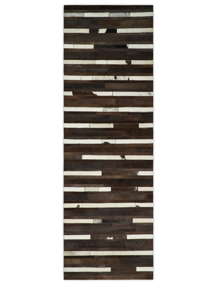Quick Ship Modern Stripe Pattern Brown And Ivory Handmade 2.6x8 Leather Rug - The Rug Decor