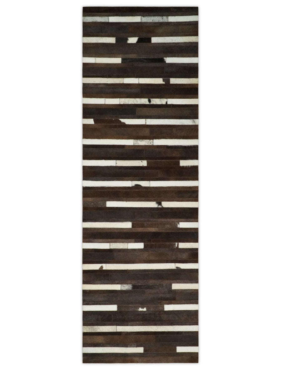 Quick Ship Modern Stripe Pattern Brown And Ivory Handmade 2.6x8 Leather Rug - The Rug Decor