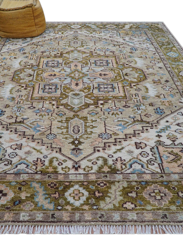 Quick Ship Olive And Peach Traditional Hand Knotted 8x10 Wool Rug - The Rug Decor