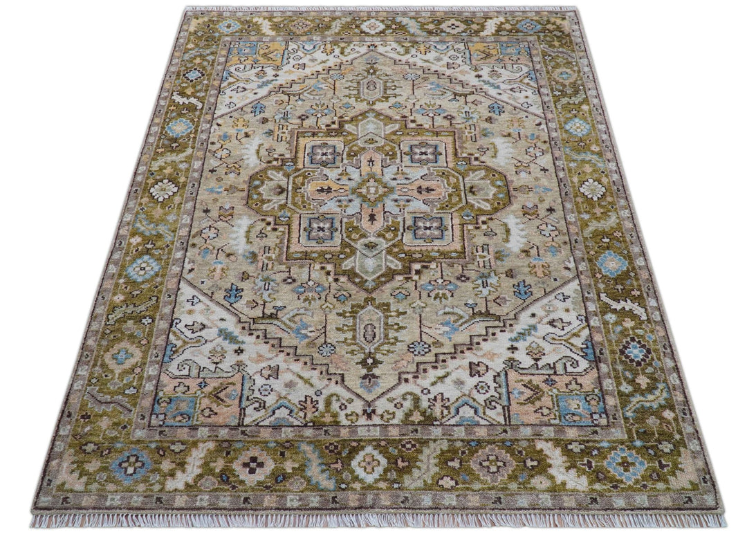 Quick Ship Olive And Peach Traditional Hand Knotted 8x10 Wool Rug - The Rug Decor