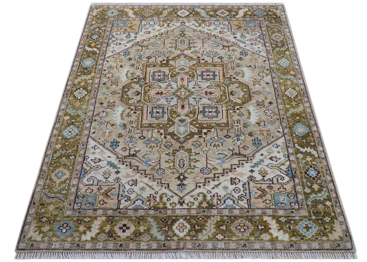 Quick Ship Olive And Peach Traditional Hand Knotted 8x10 Wool Rug - The Rug Decor