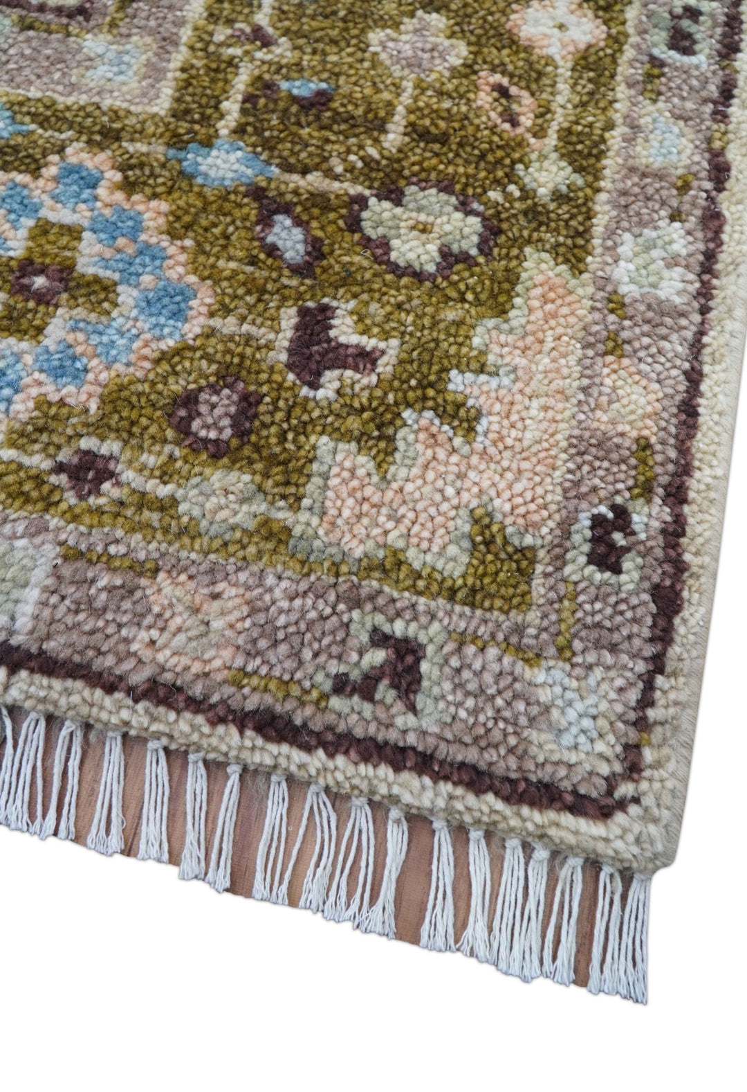 Quick Ship Olive And Peach Traditional Hand Knotted 8x10 Wool Rug - The Rug Decor