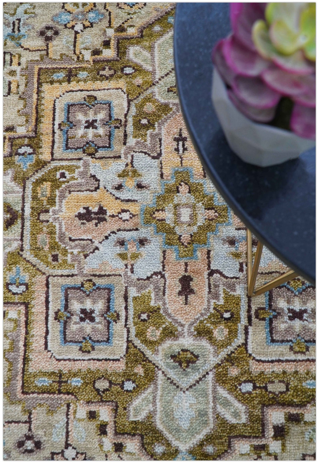 Quick Ship Olive And Peach Traditional Hand Knotted 8x10 Wool Rug - The Rug Decor