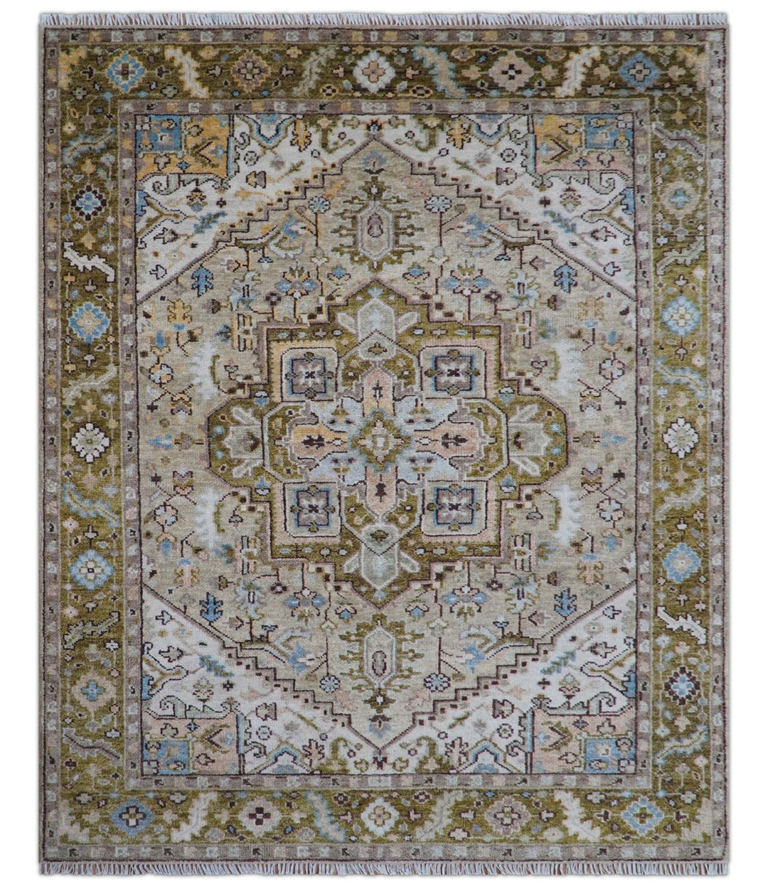 Quick Ship Olive And Peach Traditional Hand Knotted 8x10 Wool Rug - The Rug Decor