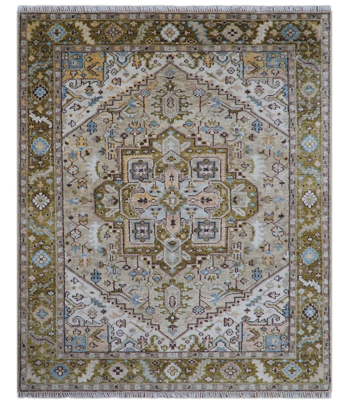 Quick Ship Olive And Peach Traditional Hand Knotted 8x10 Wool Rug - The Rug Decor