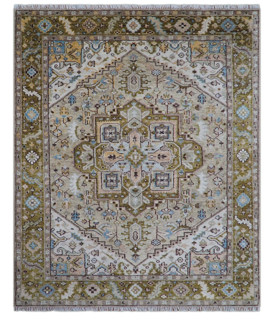 Quick Ship Olive And Peach Traditional Hand Knotted 8x10 Wool Rug - The Rug Decor
