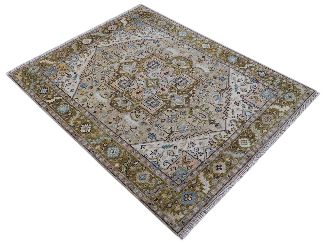Quick Ship Olive And Peach Traditional Hand Knotted 8x10 Wool Rug - The Rug Decor