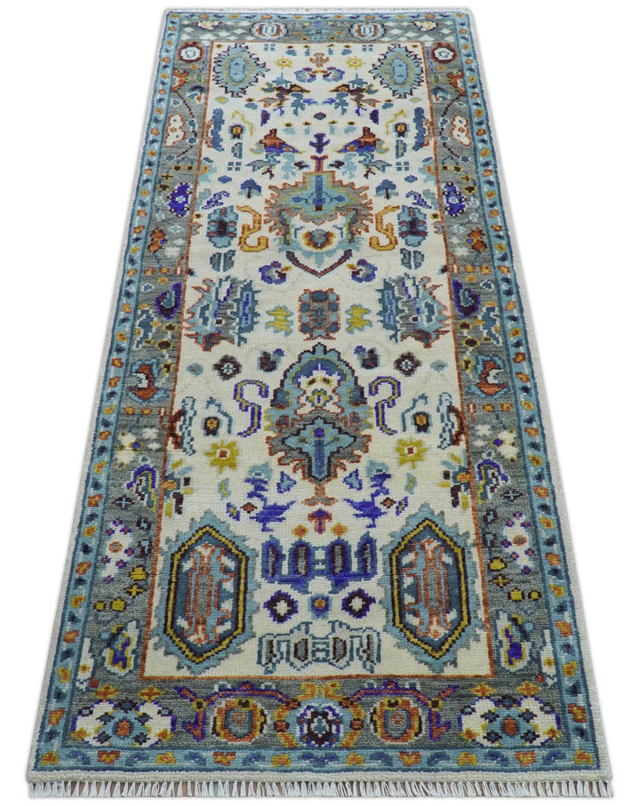 Quick Ship Oversize 4x10 Runner Ivory And Gray Hand Knotted Wool Rug - The Rug Decor