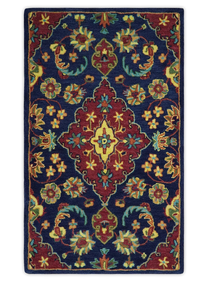 Quick Ship Red And Blue Traditional Design Hand Tufted 3x5 Wool Rug - The Rug Decor