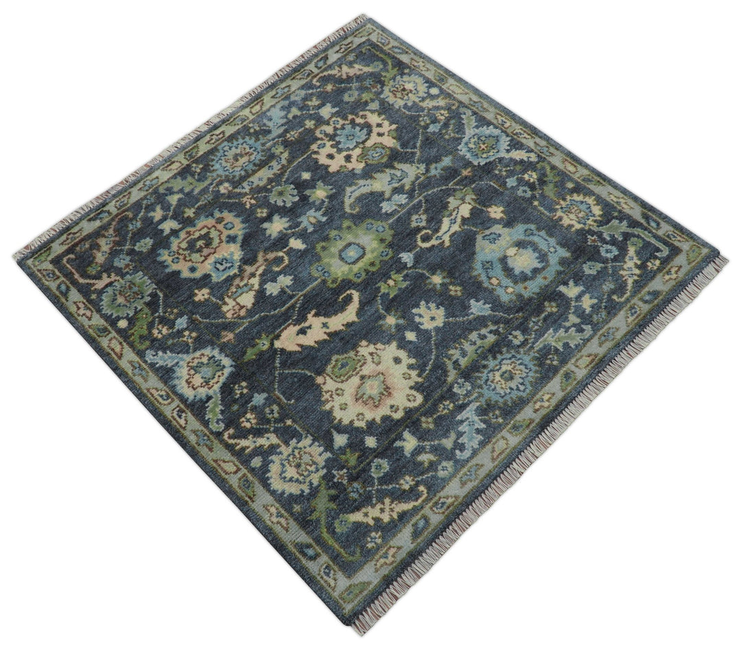 Quick Ship Small 5x5 Traditional Oushak Blue And Beige Hand Knotted Wool Rug - The Rug Decor